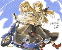  2girls :d black_skirt blonde_hair boots brown_footwear from_side full_body futakoi futakoi_alternative green_eyes long_skirt long_sleeves motor_vehicle multiple_girls multiple_riders on_scooter open_mouth riding scooter shirogane_sara shirogane_souju shirt siblings sidesaddle skirt smile twins umanosuke white_shirt 