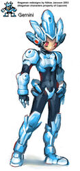  1boy android arms_at_sides arne_(android_arts) bodysuit character_name closed_mouth covered_navel english_text full_body gemini_man helmet looking_at_viewer male_focus mega_man_(classic) mega_man_(series) mega_man_3 pixel_art red_eyes redesign reference_inset simple_background skin_tight solo spiked_hair standing white_background 