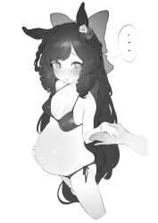  ... 1boy animal_ears bare_arms bare_shoulders big_belly bikini bow braid breasts commentary_request cropped_arm cropped_legs daiichi_ruby_(umamusume) dot_nose drill_hair facing_viewer female flower from_side greyscale hair_flower hair_ornament hairbow hand_on_own_stomach hand_up highres holding_hands horse_ears horse_girl horse_tail kingbole large_bow light_blush long_hair looking_back medium_breasts monochrome outie_navel parted_bangs pregnant raised_inner_eyebrows side-tie_bikini_bottom speech_bubble standing swimsuit tail umamusume 