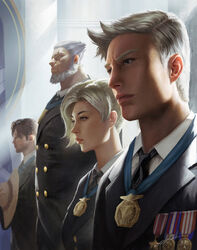  3boys beard blonde_hair brown_hair cassidy_(overwatch) contemporary eyelashes facial_hair female formal grey_hair hat_on_chest highres lips medal mercy_(overwatch) military military_uniform multiple_boys necktie nose overwatch overwatch_1 realistic reinhardt_(overwatch) scar scar_across_eye scar_on_face sidelighting signature soldier:_76_(overwatch) suit uniform upper_body wang_chen 