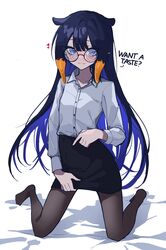  absurdres alternate_costume black_hair black_pantyhose blue_eyes blue_hair blush collared_shirt colored_inner_hair dark_blue_hair english_text fang_out female glasses grey_shirt hand_on_own_hip heart highres hololive hololive_english kneeling long_hair long_sleeves looking_at_viewer mentally_deficient miniskirt multicolored_hair ninomae_ina&#039;nis oerba_yun_fang office_lady pantyhose pencil_skirt round_eyewear shirt simple_background skirt smile solo very_long_hair virtual_youtuber white_background 