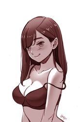  absurdres artist_name beautiful_gunbari black_bra bra breasts brown_hair brown_theme cleavage female gugu_(pixiv63055428) highres kim_sei licking_lips medium_breasts monochrome simple_background solo strap_slip tongue tongue_out underwear white_background 