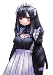  28_(282teeth) alternate_costume apron bad_id bad_pixiv_id black_dress black_hair breasts brown_eyes cleavage cleavage_cutout clothing_cutout commentary_request cowboy_shot dress enmaided expressionless female frilled_apron frills girls&#039;_frontline headgear highres korean_commentary long_hair long_sleeves looking_at_viewer maid maid_headdress medium_breasts nyto_(generic)_(girls&#039;_frontline) nyto_(girls&#039;_frontline) paradeus sleeves_past_wrists solo straight_hair white_background 