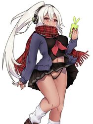  azur_lane black_panties black_skirt breasts brown_footwear cardigan cellphone clothes_lift commentary_request crossed_bangs dark-skinned_female dark_skin facepaint female groin_tendon hair_between_eyes hand_up headphones high_ponytail highleg highleg_panties highres holding holding_phone juugou_taki loafers long_hair long_sleeves looking_at_phone loose_socks medium_breasts midriff minneapolis_(azur_lane) minneapolis_(wild_huntress_schoolgirl)_(azur_lane) nail_polish navel neckerchief neckerchief_between_breasts official_alternate_costume open_cardigan open_clothes open_mouth panties phone pink_nails plaid plaid_scarf pleated_skirt ponytail red_eyes red_neckerchief red_scarf scarf scarf_over_mouth shoes simple_background skirt skirt_lift sleeves_past_wrists smartphone socks solo thighs thong underwear walking white_background white_hair white_socks wind wind_lift 