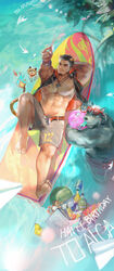  2boys abs absurdres alca_(wakatanka4) animal_ears arm_behind_head bara bare_pectorals beard beenic black_hair chest_hair commission creature daylightallure dog_boy dog_ears facial_hair from_above furry furry_male grey_fur grey_shorts gyee highres large_pectorals lion_boy lion_ears lion_tail lying male_focus male_pubic_hair mature_male multiple_boys muscular muscular_male navel nipples no_male_underwear on_back open_pants original pants pectorals pubic_hair pubic_hair_peek red-framed_eyewear red_eyes second-party_source short_hair shorts stomach sunglasses surfboard swimming tail thick_eyebrows topless_male water wet 