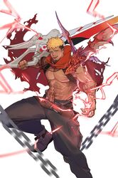  1boy abs bad_id bad_twitter_id bara black_pants blonde_hair cape ear_piercing green_eyes gyee highres holding holding_sword holding_weapon kuroshima_kurishiro_(muyi24108414) large_pectorals magic male_focus muscular muscular_male navel pants pectorals piercing red_cape romg scar scar_across_eye scar_on_face short_hair solo stomach_tattoo sword tattoo tongue tongue_out topless_male torn_cape torn_clothes undercut weapon 