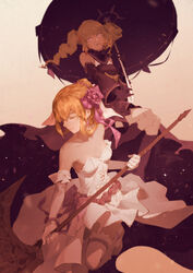  2girls absurdres aisha_(king&#039;s_raid) axe battle_axe black_footwear black_gloves blonde_hair boots breasts closed_eyes commentary_request dangle_earrings detached_sleeves double_exposure dress drill_hair earrings elbow_gloves flower garter_belt garter_straps gloves highres huge_bow jewelry king&#039;s_raid knee_boots lips long_hair multiple_girls parasol photoshop_(medium) pink_background pink_eyes priscilla_(king&#039;s_raid) red_ribbon ribbon rose sidelocks small_breasts spongeman9214 starry_sky_print strapless strapless_dress thighhighs umbrella weapon wedding_dress white_gloves white_legwear 