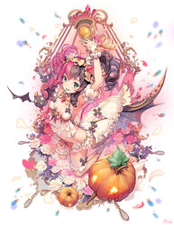  armpits arms_up bare_shoulders bat_(animal) black_hair bow bowtie breasts bridal_garter commentary_request crop_top demon_tail demon_wings destiny_child detached_sleeves drill_hair female flower green_eyes hairbow highres holding horns jack-o&#039;-lantern kkuem long_hair looking_at_viewer medb_(destiny_child) midriff miniskirt multicolored_hair oerba_yun_fang official_art open_mouth orange_bow photoshop_(medium) pink_flower pink_hair puffy_short_sleeves puffy_sleeves pumpkin rose short_sleeves signature skirt small_breasts smile solo stomach tail twin_drills twintails two-tone_hair white_flower wings wrist_cuffs 