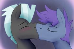  2015 blue_body blue_fur blue_hair blush bust_portrait canon_x_oc closed_eyes dripponi duo equid equine feathered_wings feathers feral friendship_is_magic fur grey_body grey_fur hair hasbro horse kiss_on_lips kissing male male/male mammal mohawk my_little_pony pony portrait purple_hair simple_background thunderlane_(mlp) unsigned windy_dripper wings 