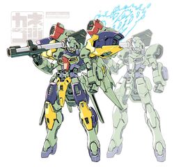  backpack bag bazooka_(gundam) beam_flag_emitter blue_eyes clenched_hand commentary_request email_address flag full_body fusion glowing glowing_eyes gun-ez gun_blastor gundam kaneko_tsukasa mecha mobile_suit no_humans projected_inset robot simple_background solo v2_gundam victory_gundam weapon white_background 