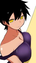  bad_id bad_twitter_id bare_shoulders black_hair black_singlet breast_press breasts cleavage collarbone commentary_request coyomin dark-skinned_female dark_skin earrings female highres jewelry kurobe_natsumi_(shiromanta) large_breasts looking_at_viewer off_shoulder senpai_ga_uzai_kouhai_no_hanashi singlet slit_pupils solo strap_slip yellow_eyes 