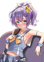  armpits azur_lane bare_shoulders blue_eyes cross_hair_ornament crown female food hair_ornament high_ponytail ice_cream javelin_(azur_lane) javelin_(let&#039;s_become_waitresses!)_(azur_lane) midriff mini_crown navel official_alternate_costume ponytail purple_hair ribbon sailor_collar schreibe_shura solo sweat tilted_headwear white_ribbon wrist_cuffs yellow_ribbon 