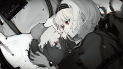  1boy boxcutter collared_shirt dutch_angle female from_above greyscale hairband hand_on_another&#039;s_head hassan_(sink916) looking_at_another lying monochrome neck_ribbon nisoku_hokou_(vocaloid) official_art on_back on_side parted_lips red_eyes ribbon rotational_symmetry shirt short_hair spot_color suspenders upper_body water_drop 