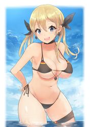  ass_visible_through_thighs azur_lane bad_id bad_twitter_id bare_shoulders bikini black_bikini black_choker black_ribbon blonde_hair blue_eyes blush breasts choker cleavage cosplay earrings female flag_print german_flag_bikini hair_between_eyes hair_ribbon historical_name_connection jewelry kantai_collection large_breasts long_hair looking_at_viewer name_connection navel prinz_eugen_(azur_lane) prinz_eugen_(azur_lane)_(cosplay) prinz_eugen_(kancolle) prinz_eugen_(unfading_smile)_(azur_lane) ribbon sideboob solo stomach swimsuit twintails underboob wading yuzuruka_(bougainvillea) 