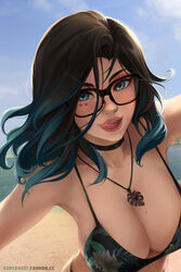  absurdres artist_name beach bikini black-framed_eyewear black_bikini black_choker black_hair blue_hair breasts choker cleavage commentary day english_commentary female glasses gradient_hair highres jewelry kopianget large_breasts lips looking_at_viewer medium_hair mole mole_on_breast multicolored_hair necklace nose open_mouth original outdoors outstretched_arms sand shelby_seraphine solo swimsuit tongue tongue_out two-tone_hair web_address 