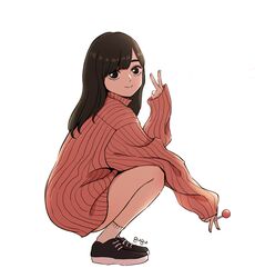  beautiful_gunbari black_eyes black_footwear brown_hair candy female food full_body gugu_(pixiv63055428) highres kim_sei lollipop long_hair simple_background smile socks solo squatting sweater white_background white_socks 