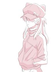  breasts closed_mouth evangelion:_3.0_you_can_(not)_redo eyepatch female hands_in_pockets hat highres hyakuen_raitaa jacket long_hair neon_genesis_evangelion rebuild_of_evangelion simple_background solo souryuu_asuka_langley track_jacket white_background 