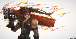  1boy abs absurdres arm_strap belt_buckle biceps brown_hair buckle commentary_request copyright_name fingerless_gloves fire forehead_protector gloves grin guilty_gear guilty_gear_xrd hair_between_eyes headband highres huge_weapon junkyard_dog_mk_iii long_hair looking_to_the_side male_focus muscular narrow_waist over_shoulder pectorals ponytail red_eyes shagara skin_tight smile sol_badguy solo spiked_hair weapon weapon_over_shoulder 