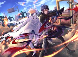  2boys battle black_hair blonde_hair blue_sky boots cape checkered copyright_request day diffraction_spikes glint gun jacket long_sleeves male_focus motion_blur multiple_boys official_art oninaart outdoors pants road_sign sign sky smoke sword weapon white_jacket white_pants yellow_eyes 