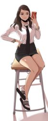  absurdres beautiful_gunbari black_necktie black_skirt brown_eyes brown_hair commission female gugu_(pixiv63055428) hand_on_own_hip highres holding holding_phone lee_mi-hee long_hair necktie phone sandals school_uniform shirt sitting skirt socks white_shirt white_socks 