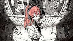  absurdres commentary female fisheye from_above green_hair greyscale hand_in_pocket headphones highres hood hoodie looking_to_the_side medium_hair monochrome multicolored_hair omao original pink_hair scenery solo spot_color zipper 