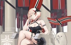  absurdres artist_name azur_lane bare_legs bare_shoulders bird black_dress black_nails blonde_hair breasts brown_eyes chick chiyu1182 cleavage cocktail_glass column commentary cross crossed_legs cup dated dress drinking_glass female flag hair_between_eyes hair_ornament highres imperial_war_flag indoors iron_blood_(emblem) iron_cross large_breasts looking_at_viewer manjuu_(azur_lane) multicolored_hair official_alternate_costume pillar red_hair roon_(azur_lane) roon_(dark_red_grin)_(azur_lane) short_hair sitting sleeveless sleeveless_dress smile streaked_hair throne waving_flag window 