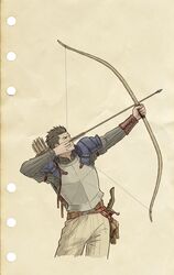  1boy armor arrow_(projectile) belt bow_(weapon) bracer breastplate brown_gloves brown_hair gloves highres holding holding_bow_(weapon) holding_weapon long_sleeves looking_to_the_side looking_up male_focus pants quiver solo standing tactics_ogre unworn_gloves vice_bozeg weapon windcaller 