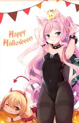  &gt;_&lt; 2girls :3 ;q absurdres animal_ear_fluff animal_ears armlet arms_up black_collar black_leotard blonde_hair blush borrowed_character bowsette bracelet breasts brown_eyes brown_legwear cat_ears closed_mouth collar commentary_request covered_navel crown demon_girl demon_horns demon_tail earrings eyebrows_hidden_by_hair fake_horns green_eyes groin hairband hands_in_hair happy_halloween highres horns jack-o&#039;-lantern jewelry kemonomimi_mode leotard long_hair looking_at_viewer low_twintails mario_(series) mini_crown multiple_girls new_super_mario_bros._u_deluxe nya_(nyatrix) nyatrix one_eye_closed original pantyhose parted_bangs pennant pink_hair red_hairband small_breasts smile spiked_armlet spiked_bracelet spiked_collar spiked_shell spikes strapless strapless_leotard string_of_flags super_crown syrene_(kyuri_tizu) tail thick_eyebrows thighband_pantyhose tongue tongue_out turtle_shell twintails very_long_hair white_background 