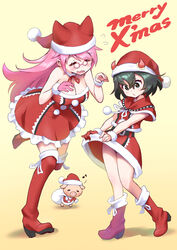  2girls black_eyes black_hair bob_cut boots breasts capelet christmas closed_eyes clothes_lift commentary dress dress_lift english_text flying_sweatdrops frilled_dress frills fur_cuffs glasses gloves hat hentatsu highres horns irodori_(irodoriginal) large_breasts leg_up lifting_own_clothes long_hair merry_christmas multiple_girls neko_(hentatsu) oni_(hentatsu) oni_horns open_mouth pig pince-nez pink_gloves red_capelet red_footwear red_gloves sakurai_shizuku_(mimipull) santa_boots santa_dress santa_hat shiromizu_yuuko_(character) short_dress short_hair single_glove smile standing standing_on_one_leg strapless strapless_dress wavy_hair yellow_background 