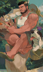  1boy alca_(wakatanka4) animal_ears animal_on_shoulder atcesolcyc bad_id bad_twitter_id bara bare_arms beard black_hair canine cat_on_shoulder chest_hair commission crossed_legs facial_hair feline gyee highres large_pectorals leg_hair lion_boy lion_ears lion_tail male_focus mature_male moustache muscular muscular_male nipples notched_neckline original pectoral_cleavage pectorals red_eyes sandals shirt short_hair single_sandal sitting sleeveless sleeveless_shirt solo tail tank_top thick_eyebrows v-neck white_tank_top 