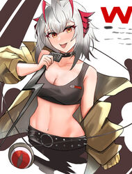  :p ahoge ambience_synesthesia antennae arknights bare_shoulders belt black_belt black_skirt black_sports_bra breasts brown_eyes character_name cleavage collarbone commentary female grey_hair highres holding horns jacket long_sleeves looking_at_viewer medium_breasts midriff navel niuwajun off_shoulder official_alternate_costume open_clothes open_jacket short_hair simple_background skirt smile solo sports_bra stomach tongue tongue_out w_(arknights) w_(cannot_wait_for)_(arknights) white_background yellow_jacket 