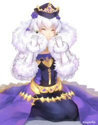  absurdres black_dress black_hat closed_eyes closed_mouth commentary_request dress female fire_emblem fire_emblem:_three_houses fire_emblem_heroes fur_trim gloves hair_ornament hat highres long_hair lysithea_von_ordelia lysithea_von_ordelia_(a_new_future) moja_(rainpoow) official_alternate_costume pink_eyes simple_background sitting smile solo white_background white_gloves white_hair yokozuwari 