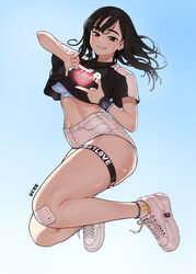  absurdres bandaid bandaid_on_knee bandaid_on_leg bdpp beautiful_gunbari black_eyes black_hair bra breasts crop_top female gradient_background heart highres kim_sei long_hair looking_at_viewer short_sleeves shorts smile smiley_face socks solo sweat thigh_strap thighs underwear white_footwear white_shorts white_socks wristband 