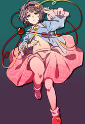  \||/ arm_up black_hairband blouse blue_shirt bobby_socks breasts commentary_request expressionless eyeball female floral_print frilled_shirt_collar frilled_sleeves frills gradient_background hair_ornament hairband hand_on_own_stomach heart heart_hair_ornament knees komeiji_satori long_sleeves looking_at_viewer lying medium_breasts navel on_back open_clothes open_mouth open_shirt pink_skirt purple_eyes purple_hair rose_print shirt shoes short_hair simple_background single_shoe skirt slippers socks solo stomach string third_eye touhou twitter_username unkmochi white_socks wide_sleeves 