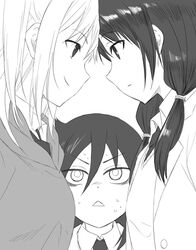  3girls bags_under_eyes breasts closed_mouth commentary confrontation eye_contact faceoff greyscale highres hyakuen_raitaa kuroki_tomoko long_hair looking_at_another monochrome multiple_girls necktie nemoto_hina open_mouth profile sweat tamura_yuri triangle_mouth watashi_ga_motenai_no_wa_dou_kangaetemo_omaera_ga_warui! 