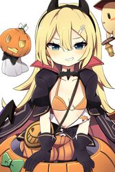  abercrombie_(azur_lane) abercrombie_(pumpkin_blast!)_(azur_lane) azur_lane belt black_gloves blonde_hair blue_eyes blush bra breasts cape collarbone commentary_request fake_horns female gloves grin hair_between_eyes hair_ornament hairclip headband highres horns jack-o&#039;-lantern long_hair looking_at_viewer manjuu_(azur_lane) official_alternate_costume pumpkin ribbon shorts simple_background small_breasts smile solo tonari_(ichinichime_azuma) underwear white_background 