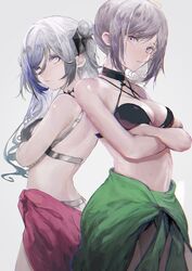  2girls alternate_costume anths bare_shoulders bikini black_bikini blue_hair breasts choker commentary_request crossed_arms expressionless gradient_background grey_hair halterneck highres iron_saga kemuri_(iron_saga) large_breasts long_hair medium_breasts multiple_girls purple_eyes purple_hair sarong short_hair sidelocks silver_bikini swimsuit teresa_(iron_saga) 