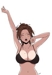  absurdres arm_up artist_name bad_id bad_pixiv_id beautiful_gunbari black_bra bra breasts brown_hair clenched_hands female gugu_(pixiv63055428) highres jung_su-a large_breasts medium_hair mole mole_on_breast navel simple_background underwear upper_body white_background yawning 