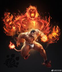  1boy 6suan abs absurdres alca_(wakatanka4) alca_the_lion animal_ears bara beard black_hair bulge chest_tattoo commission excessive_pubic_hair facial_hair fighting_stance flaming_hand full_body gyee highres jewelry jockstrap large_pectorals lion_boy lion_ears lion_tail looking_at_viewer male_focus male_pubic_hair male_underwear mature_male muscular muscular_male navel navel_hair necklace nipples no_pants original pectorals pubic_hair red_eyes running shoes short_hair sneakers solo_focus spirit stomach tail tattoo thick_eyebrows thick_thighs thighs topless_male underwear underwear_only white_male_underwear 