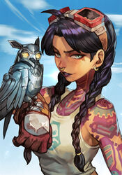  ahoge arm_tattoo bare_shoulders bird bird_on_hand black_hair blue_eyes blue_sky braid brown_gloves cloud collarbone earrings female fortnite freckles full-body_tattoo gloves goggles goggles_on_head hair_tie hungry_clicker jewelry jules_(fortnite) logo looking_at_viewer mechanical_bird neck_tattoo nose_piercing nose_ring owl piercing print_shirt purple_lips shirt shoulder_tattoo sky solo tank_top tattoo twin_braids twintails white_shirt 