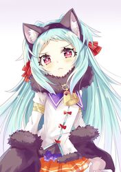  :&lt; animal_ear_fluff animal_ears animal_hands bell black_gloves black_hairband blue_hair blush bow cat_ears closed_mouth commentary_request fake_animal_ears female forehead fur-trimmed_gloves fur_collar fur_trim gloves gradient_background grey_background hairband hairbow head_tilt highres hizaka juliet_sleeves long_hair long_sleeves looking_at_viewer miyako_(halloween)_(princess_connect!) miyako_(princess_connect!) orange_skirt paw_gloves pleated_skirt princess_connect! puffy_sleeves red_bow red_eyes shirt skirt solo striped striped_bow two_side_up v-shaped_eyebrows very_long_hair white_background white_shirt wolf_ears wolf_paws 