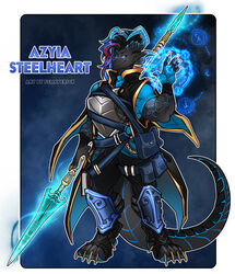  anthro armor aziya_steelheart black_body black_scales blue_clothing blue_eyes blue_horn blue_shirt blue_topwear clothing dragon female fsmaverick glowing hair hi_res horn jacket magic melee_weapon multicolored_hair mythological_creature mythological_scalie mythology paws polearm pouches raised_hand scales scalie shin_guards shirt smile solo spear tail topwear weapon 