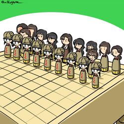  annotated asymmetrical_bangs black_hair blunt_bangs board_game bob_cut braid brown_headwear brown_jacket chi-hatan_military_uniform closed_mouth commentary frown fukuda_haru girls_und_panzer glasses hair_rings hamada_kiyo helmet hosomi_shizuko jacket kogane_(staygold) kubota_rin lowres military military_uniform nagura_setsuko nishi_kinuyo nishihara_yasoko one-hour_drawing_challenge opaque_glasses open_mouth pleated_skirt ponytail round_eyewear shogi skirt smile tamada_tamaki twitter_username uniform yellow_skirt 