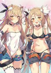  2girls :d ahoge animal_ear_fluff animal_ears armband bare_shoulders belt black_bra black_gloves black_panties black_shorts blue_shorts blush body_markings bra breasts brown_hair choker cleavage clothes_pull collarbone commentary covered_navel detached_sleeves facial_mark gloves gradient_background groin hair_between_eyes hair_ornament highleg highleg_leotard highres leone_(sennen_sensou_aigis) leotard lev_(sennen_sensou_aigis) long_hair looking_at_viewer micro_shorts multiple_girls navel oerba_yun_fang open_belt open_clothes open_shorts orange_eyes panties pulling_own_clothes rasahan sennen_sensou_aigis shorts shorts_pull siblings sisters small_breasts smile standing stomach strapless strapless_leotard sweatdrop thighhighs thighs underwear very_long_hair white_leotard white_thighhighs 