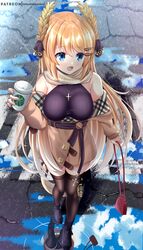  azur_lane bag bare_shoulders black_panties black_sweater blonde_hair blue_eyes breasts brown_coat brown_thighhighs coat coat_dress commentary cross cross_necklace cup disposable_coffee_cup disposable_cup female full_body hair_ornament hairclip helvetica_std highres holding holding_bag holding_cup jewelry large_breasts laurel_crown long_hair necklace off_shoulder official_alternate_costume open_mouth panties pantyshot pantyshot_through_reflection puddle purple_thighhighs reflection ribbed_sweater scarf sideways_glance sleeveless sleeveless_sweater solo sweater sweater_vest taut_sweater_vest thighhighs underwear very_long_hair victorious_(azur_lane) victorious_(the_goddess&#039;_day_off)_(azur_lane) water 