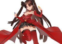  aonogura breasts brown_eyes brown_hair detached_sleeves earrings fate/grand_order fate/stay_night fate_(series) female gem highres jewelry long_hair looking_at_viewer medium_breasts miniskirt skirt smile solo thighhighs thighs tohsaka_rin tohsaka_rin_(formalcraft) two_side_up waist_cape white_background 