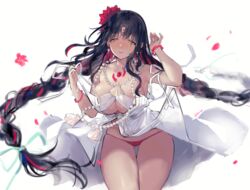  absurdres armpits bandeau bare_shoulders bikini black_hair blush bracelet breasts chest_tattoo cleavage closed_mouth commentary facial_mark falling_petals fate/grand_order fate_(series) female forehead_mark forehead_tattoo highres iiiroha jewelry looking_at_viewer multicolored_hair necklace pearl_bracelet pearl_necklace petals pink_bikini pink_lips sarong sessyoin_kiara sessyoin_kiara_(swimsuit_mooncancer) sessyoin_kiara_(swimsuit_mooncancer)_(first_ascension) shell shell_necklace smile solo standing strap_lift streaked_hair swimsuit tattoo thighs underboob wavy_hair white_background yellow_eyes 