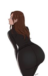  absurdres artist_name ass beautiful_gunbari black_pants black_shirt brown_eyes brown_hair cho_ye-ryeong female gugu_(pixiv63055428) highres leaning_forward long_hair long_sleeves looking_back pants shirt simple_background solo standing white_background 