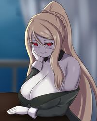  blonde_hair blurry blurry_background braid breast_rest breasts commentary depth_of_field female french_braid hair_between_eyes head_rest highres huge_breasts long_hair long_sleeves looking_at_viewer monster_girl_encyclopedia nav_(itsnav) off_shoulder pale_skin red_eyes sitting solo very_long_hair wight_(monster_girl_encyclopedia) 