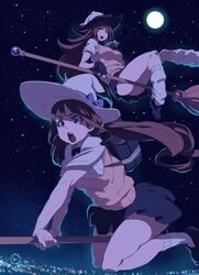  2girls :d bad_id bad_twitter_id bag belinda_(sennen_sensou_aigis) blue_bag blue_bow blue_eyes blue_skirt bow broom broom_riding brown_hair cloris_(sennen_sensou_aigis) full_moon hat hat_bow long_hair moon mother_and_daughter multiple_girls night night_sky open_mouth outdoors pleated_skirt round_teeth school_bag school_uniform sennen_sensou_aigis sitting_sideways skirt sky smile star_(sky) starry_sky sweater_vest tasaka_shinnosuke teeth upper_teeth_only vest white_headwear witch_hat yellow_vest 